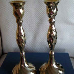 Pair- Vintage Solid Brass Candlestick Holders Made In India 10" Tall Swirl Shiny
